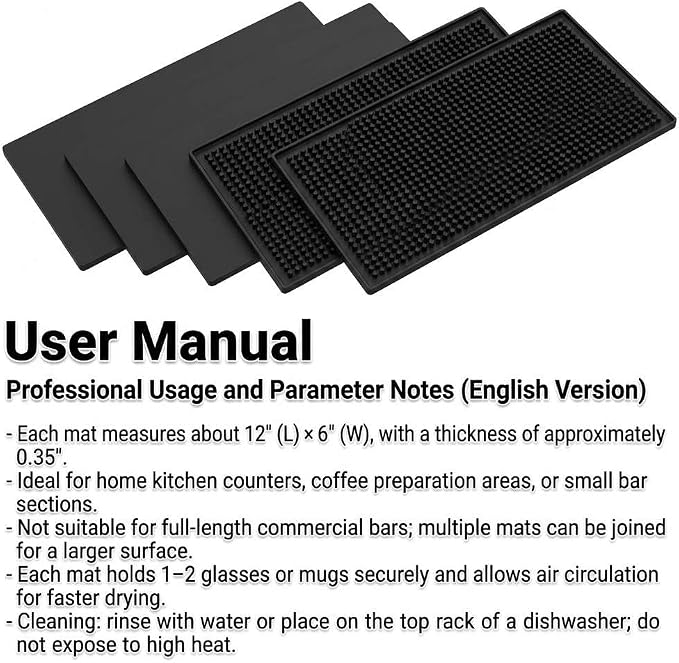 QWORK 12"x6" Black Rubber Bar Mat – 6 Pack Non-Slip Drainage Pad - Image 7