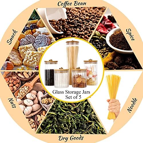 Glass Storage Jars Set of 5, Coffee Bar Canister with Airtight Bamboo
