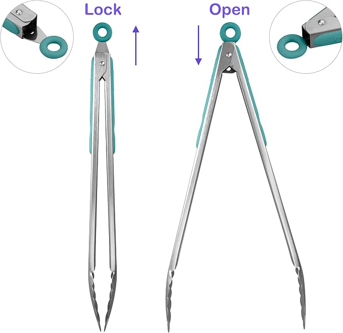 304 Stainless Steel Kitchen Cooking Tongs, Aqua Sky - Image 3