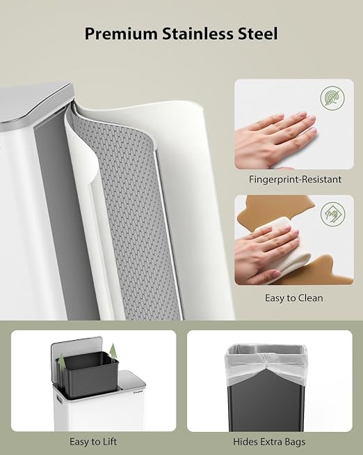 Dual Trash and Recycling Bins for Kitchen, 13.2 + 5.2 Gal Stainless Steel Trash - Image 3