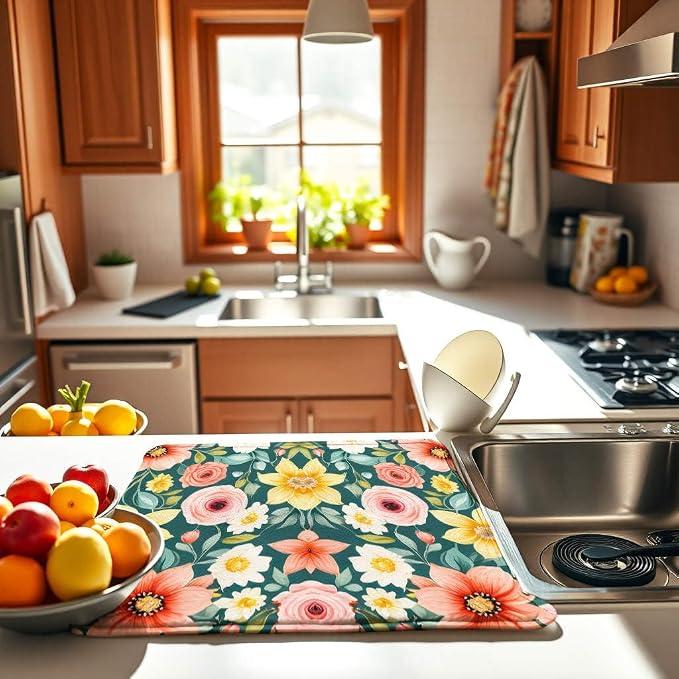 Large Blue Floral Spring Dish Drying Mat - Image 3