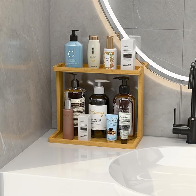 PEKER Bamboo Bathroom Organizer Countertop – Small Vanity Storage Shelf - Image 4