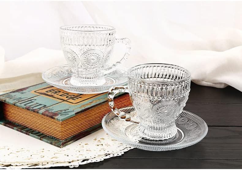 cosnou Vintage Glass Tea Cups with Saucers, Glass Mugs 7 Oz Set of 6