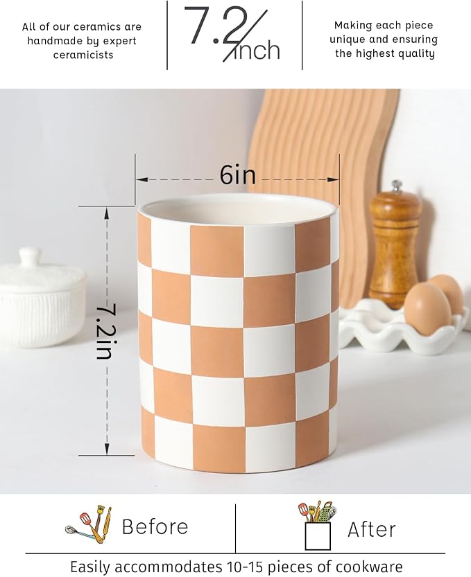 Utensil Holder，7.2 Inch Checkered Utensil Holder, Ceramic Cooking Utensil - Image 6