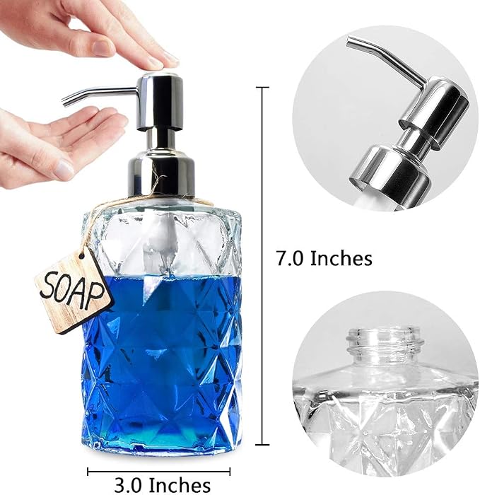 JASAI Diamond Design 12 Oz Glass Soap Dispenser, Kitchen soap Dispenser - Image 2