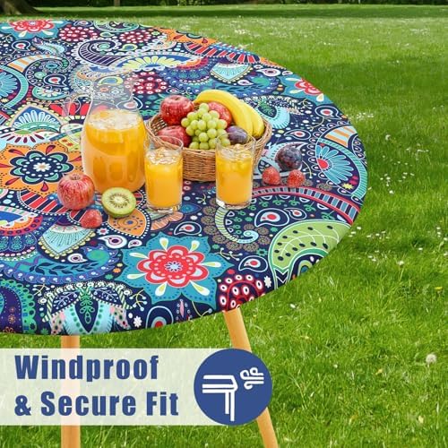 Moosfor Printed Spandex Round Tablecloth Fitted Table Cloth for 36-44