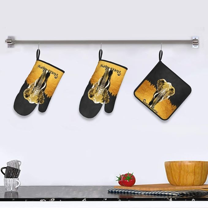 Elephant Oven Mitts and Pot Holders Sets of 3 Black Gold Hot Pads Oven Gloves - Image 6
