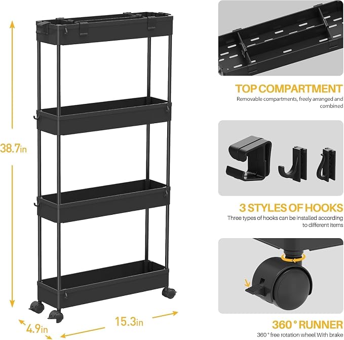 SPACELEAD 2-piece Set Slim Storage Cart 3 Tier, Bathroom Organizer Rolling - Image 2