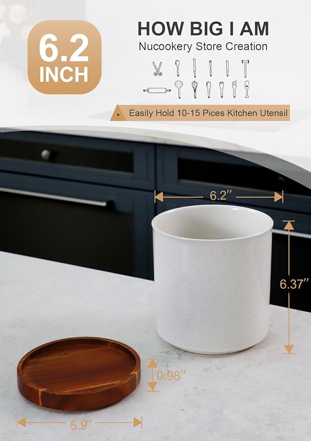 Nucookery 360°Rotating Utensil Holder, 7.2" Large Utensil Crock, Farmhouse - Image 2