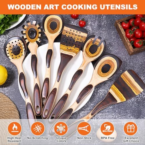Kitchen 7Pcs Pakkawood Utensils Set, Wooden Cookware Sets
