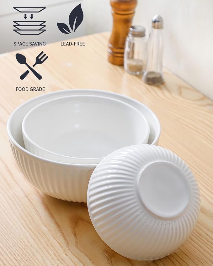HASENSE Ceramic Ribbed Nesting White Bowls 1.5/1/0.5 Qt - Image 3