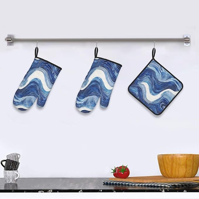 Blue and White Ocean Wave Oven Mitts and Pot Holders Sets of 3, Heat Resistant - Image 2
