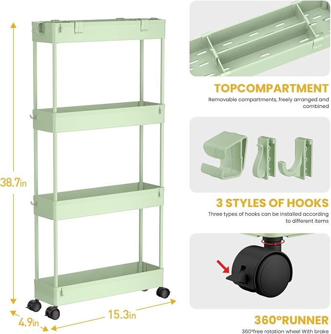 SPACELEAD 2-piece Set Slim Storage Cart 3 Tier, Bathroom Organizer Rolling - Image 2