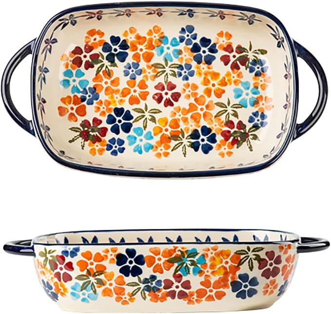 Colorful Cherry Blossom Flowers Vintage Style Ceramic Bakeware Dish Casserole by Bicuzat