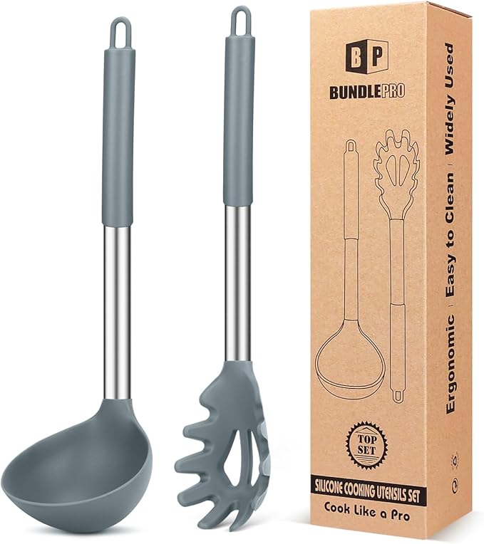 Silicone Pasta Fork and Ladle Spoon Set, Large Non Stick Kitchen Utensils by BUNDLEPRO