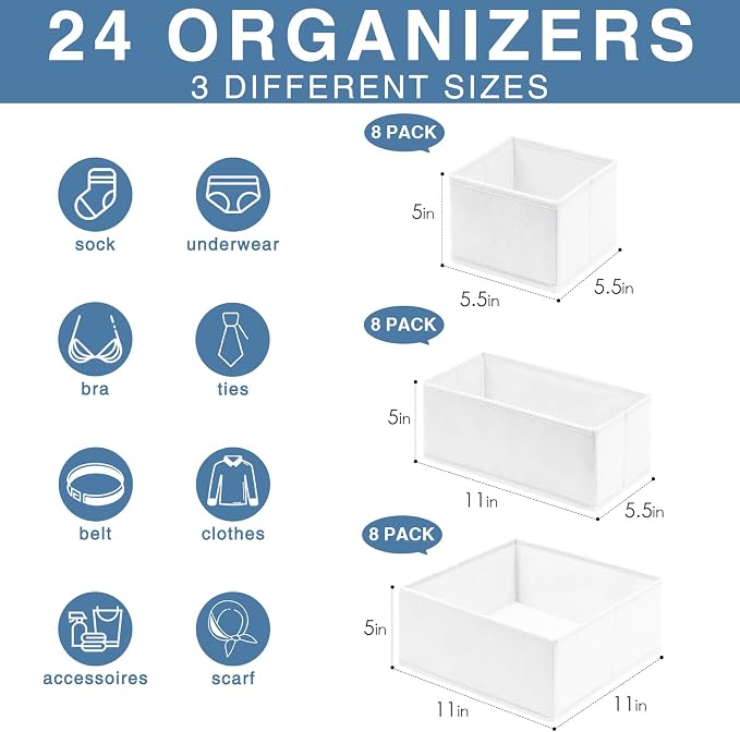 Criusia Drawer Organizer Clothes, 24 Pack Dresser Organizer Bins - Image 2