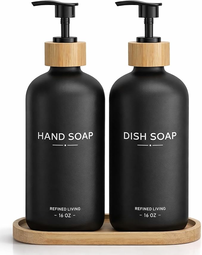Hand and Dish Soap Dispenser Set, 16oz Glass Bottles by Aeakey