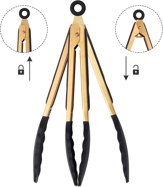 Stainless Steel Classic Kitchen Serving Food Party Gold Tongs 9" and 12" - Image 2