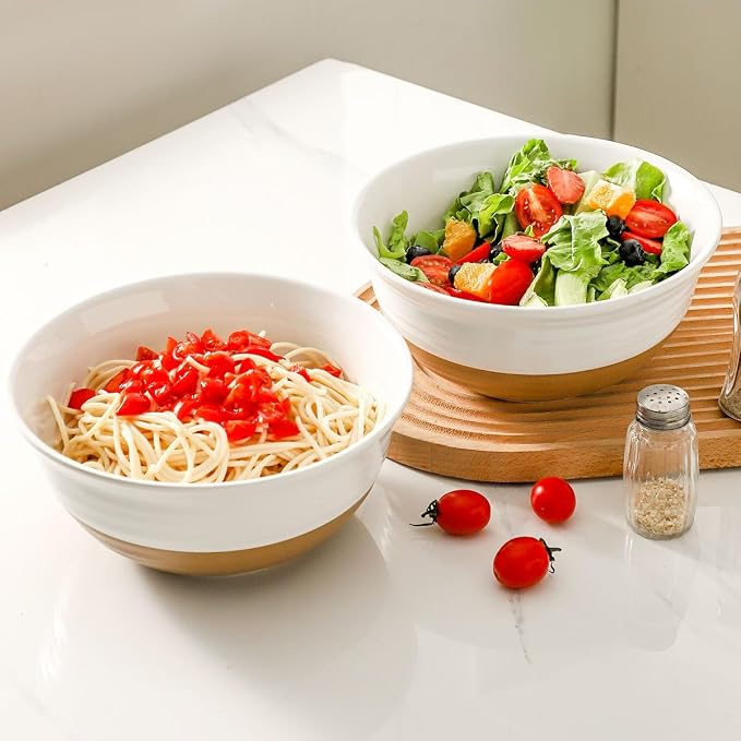 HASENSE Large Ceramic Serving Bowls Set of 2, 60 Oz 8.5 Inch White & Terracotta - Image 6