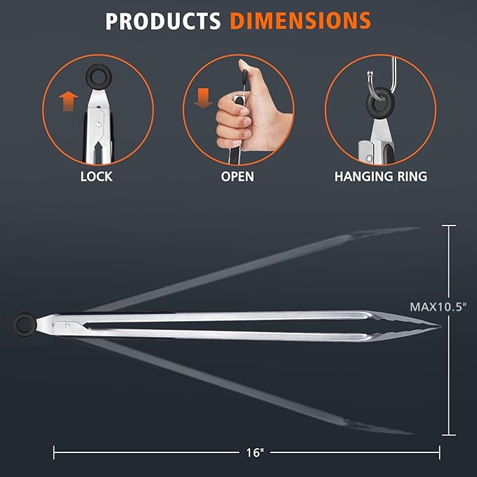 Hotec Stainless Steel Kitchen Tongs, 16 Inch Extra Long Locking Metal Food Tongs - Image 5