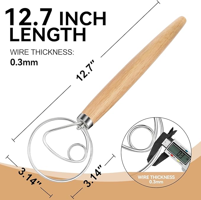Danish Dough Whisk Dutch Bread Mixer Stainless Steel Hook Wooden Handle Baking - Image 2