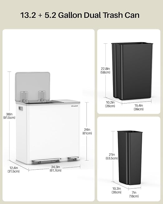 Dual Trash and Recycling Bins for Kitchen, 13.2 + 5.2 Gal Stainless Steel Trash - Image 6