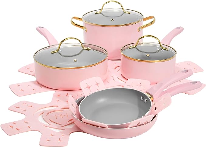 Paris Hilton Epic Nonstick Pots and Pans Set, Tempered Glass Lids, Soft Touch by TheWorldofParisHilton