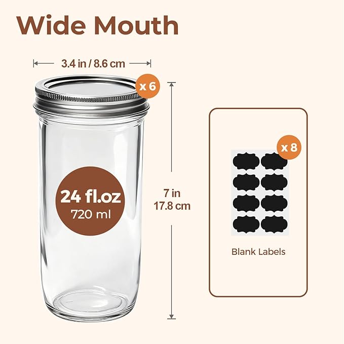 ComSaf 24 oz Mason Jars Wide Mouth 6 Pcs, Large Canning Jars - Image 2