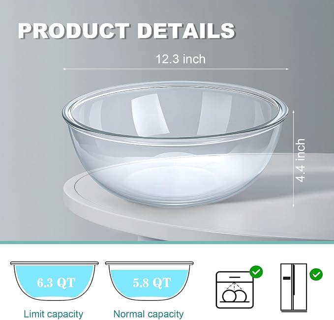6.3 Qt Large Glass Mixing Bowl, 12.3" Clear Glass Salad Cooking Bowls - Image 3
