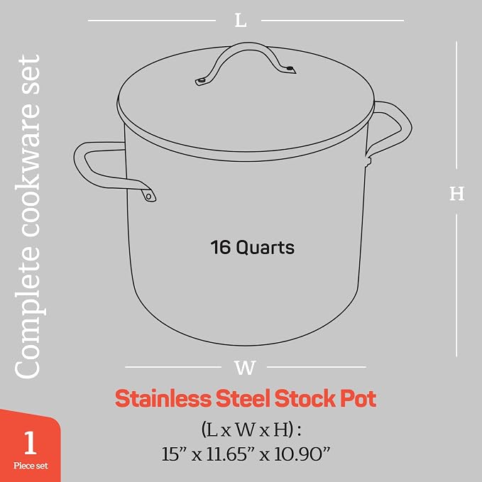 Stainless Steel Stockpot with Tempered Glass Lid 16 Quart, Durable 18/0 - Image 2