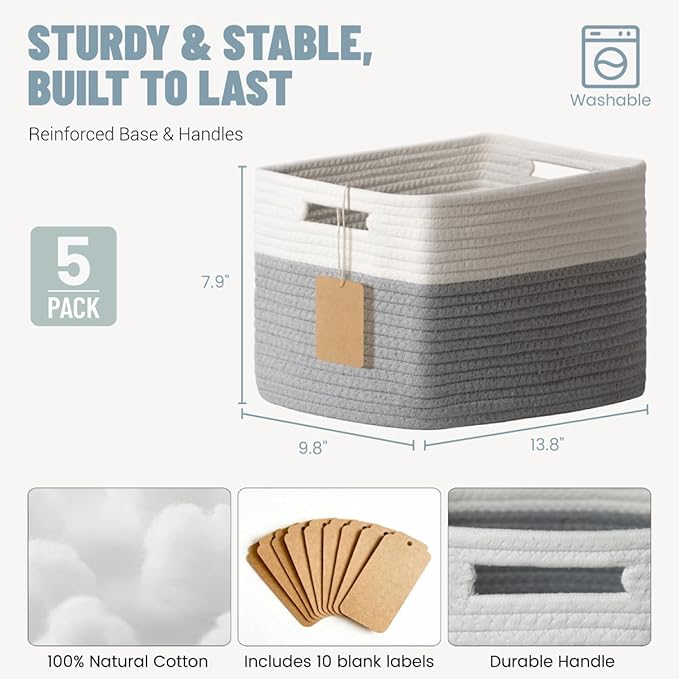 5 Pack Woven Storage Baskets for Shelves, Decorative Basket Closet Organizer - Image 3