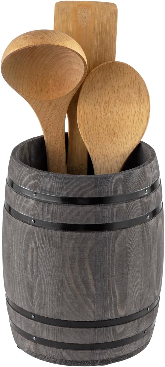MyGift Wine Barrel Design Kitchen Utensil Crock, Vintage Gray Solid Wood by MyGiftHome