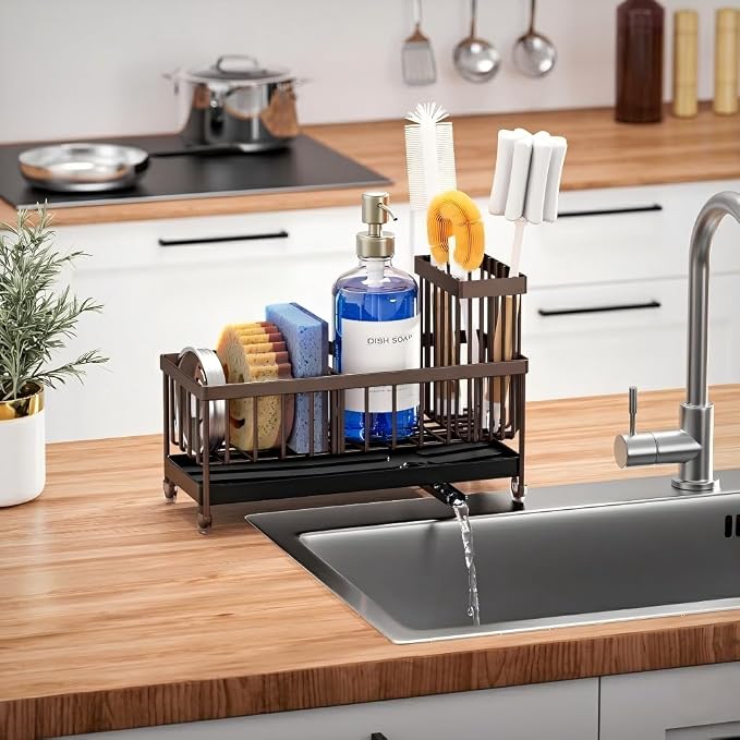 Cisily Brown Sponge Holder for Kitchen Sink, Sink Caddy Organizer - Image 6