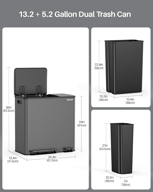 Dual Trash and Recycling Bins for Kitchen, 13.2 + 5.2 Gal Stainless Steel Trash - Image 6