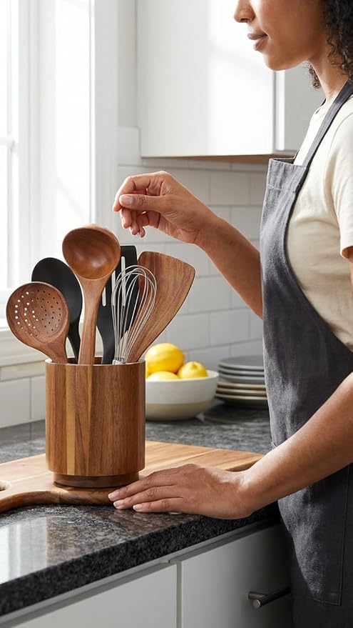 Linda's Essentials Acacia Wooden Utensil Holder - Image 2