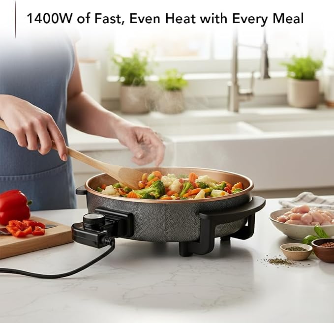 OVENTE 11.5-Inch Electric Skillet & Frying Pan, 1400W Nonstick Cooking Pan - Image 2