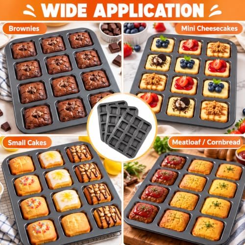 3 Pcs 12-Cavity Brownie Pan with Dividers, Black, 14" × 10.5" × 1.2"