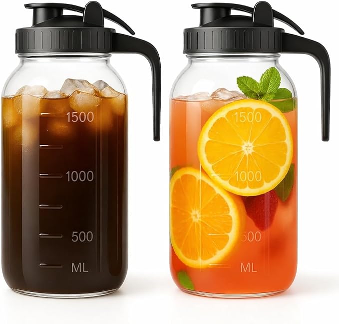 Mason Jar Pitcher Set of 2-64oz Airtight & Leakproof Glass Pitcher by VA1KENE