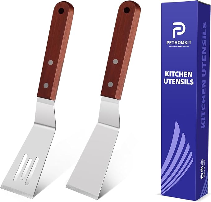 Small Metal Spatula Set for Cast Iron Skillet, Mini Wooden Spatulas for Kitchen by PETERSHOMEANDKITCHEN