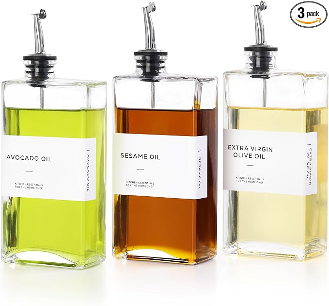 Olive Oil Dispenser Bottle for Kitchen, 3 Pack Glass Oil and Vinegar Dispenser by MIWUYI