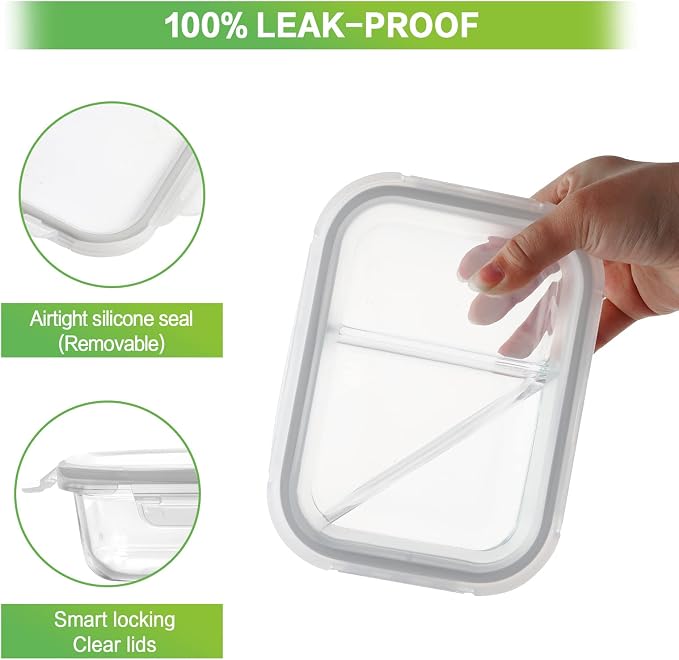 HOMBERKING 10 Pack 24oz Glass Meal Prep Containers 2 Compartment, Glass Food - Image 3