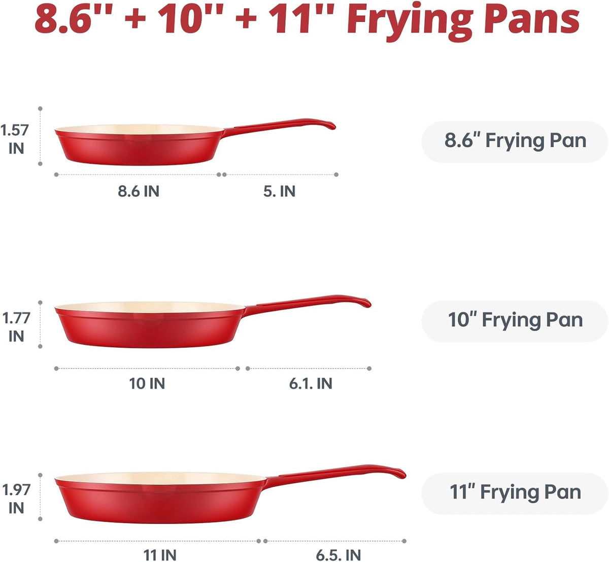 Enameled Cast Iron Skillet 3-Piece Set, Nonstick Heavy-Duty 11", 10"