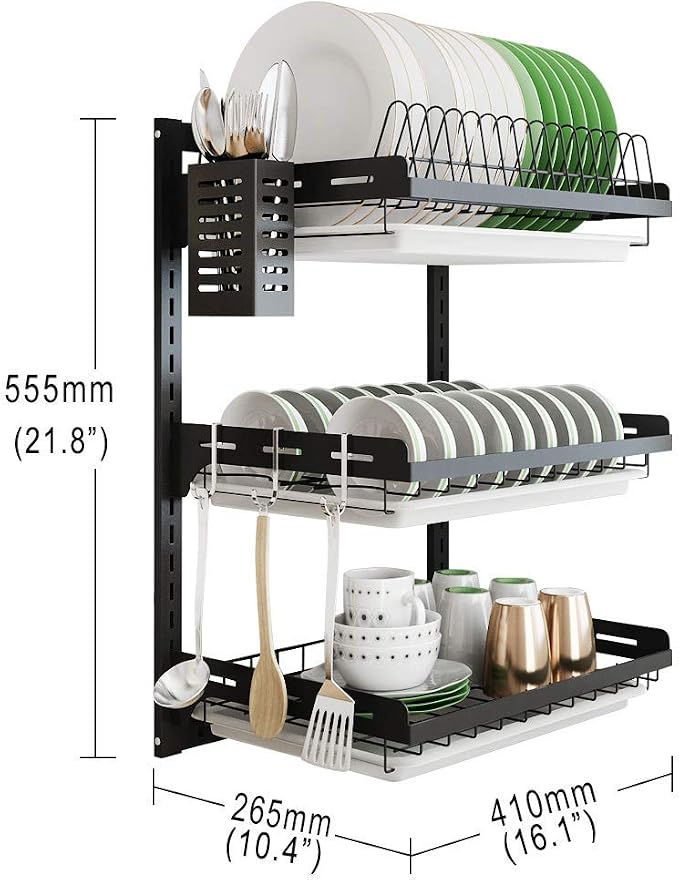 junyuan Hanging Dish Drying Rack Wall Mount, Dish Racks Drainer, 3 Tier Kitchen - Image 7
