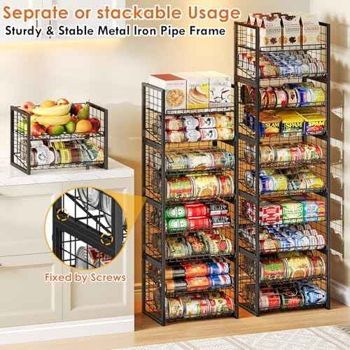 X-cosrack 2 Packs Stackable Can Rack Organizer for Pantry, 2-Tier Sturdy Adjustable Pantry Can Storage Organizer for Canned Food Can Goods, Kitchen Can Dispenser Holder for Soda Drinks Snack, Black