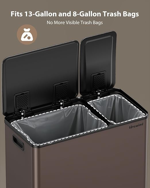 Dual Trash and Recycling Bins for Kitchen, 13.2 + 5.2 Gal Stainless Steel Trash - Image 8
