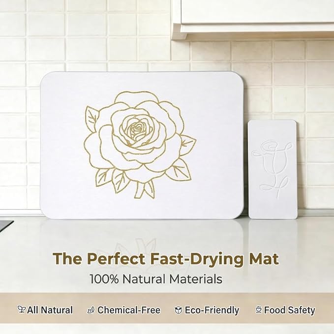 Stone Dish Drying Mat for Kitchen Counter, Glittery Resin Rose Pattern Quick - Image 5