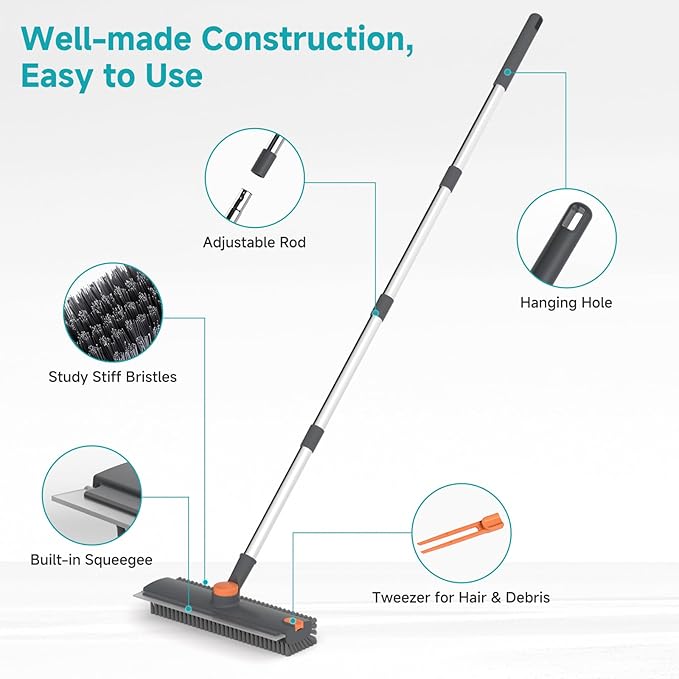 Floor Scrub Brush with Long Handle Length Adjustable, 3 in 1 Heavy-Duty Stiff - Image 5