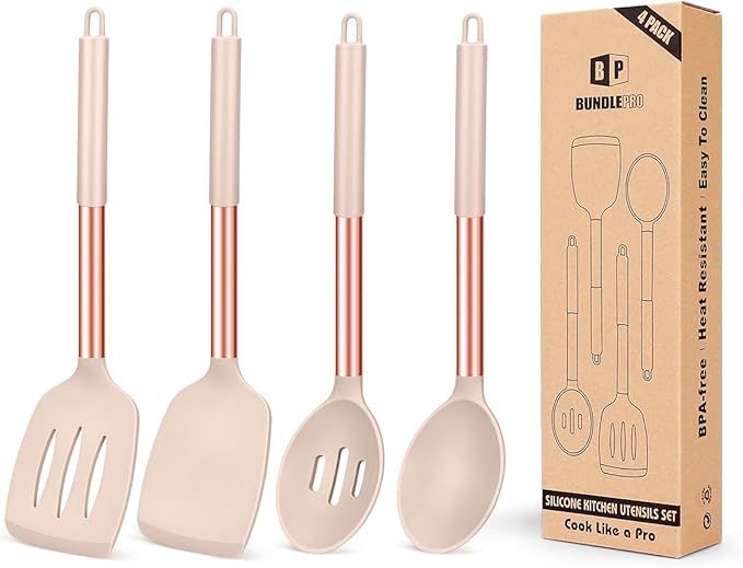 Pack of 4 Silicone Cooking Utensils Set, Non Stick Large Solid Spatulas by BUNDLEPRO