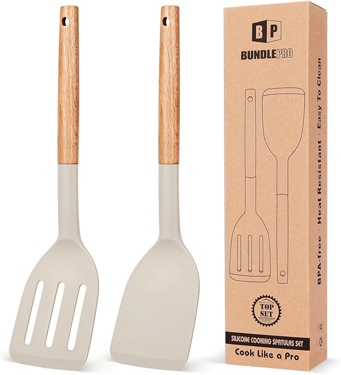 Pack of 2 Silicone Cooking Spatula, Heat Resistant Solid Turner, Non Stick by BUNDLEPRO