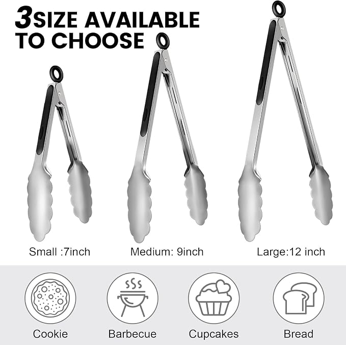 Chengu 12 Pack Stainless Steel Kitchen Tongs 7/9/12 Inches Food Serving Tongs - Image 2